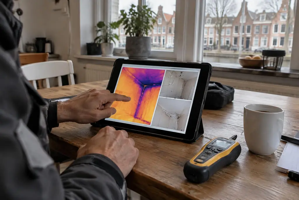 Lekdetectie Doesburg – lekdetectierapport met warmtebeelden en foto's op een tablet