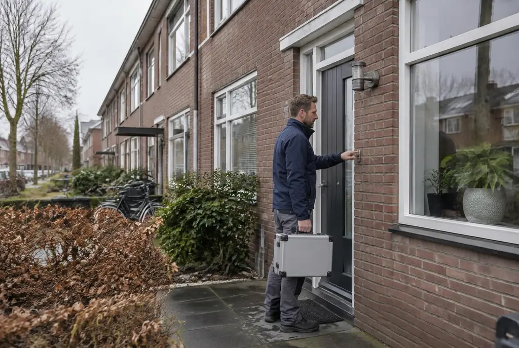 Lekdetectiespecialist met meetkoffer bij de voordeur van een woning in Doesburg